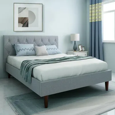 Queen bed frame Linen Headboard, Strong Frame and Wooden Slats Support, grey color  Queen-150x200