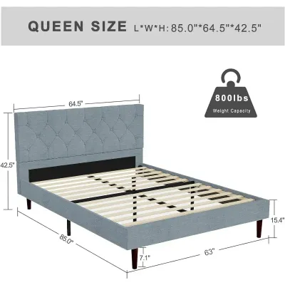 Queen bed frame Linen Headboard, Strong Frame and Wooden Slats Support, grey color  Queen-150x200