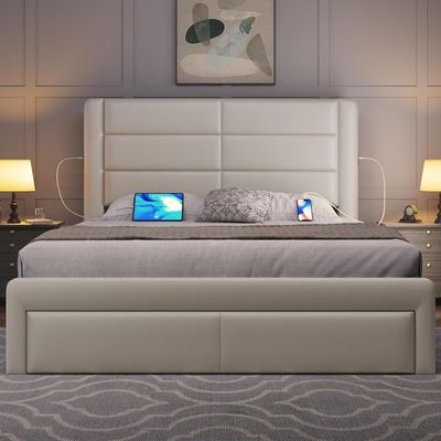  Bed Frame with 2 USB Charging Station Storage Drawers, Leather Platform Bed, Beige color  Queen-150x200