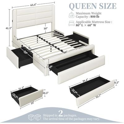  Bed Frame with 2 USB Charging Station Storage Drawers, Leather Platform Bed, Beige color  Queen-150x200