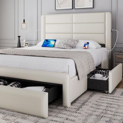  Bed Frame with 2 USB Charging Station Storage Drawers, Leather Platform Bed, Beige color  Queen-150x200