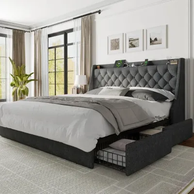  Bed Frame with 4 Storage Drawers, Storage Bed with Charging Station, Tufted Wingback Storage Headboard, dark grey  Queen-150x200