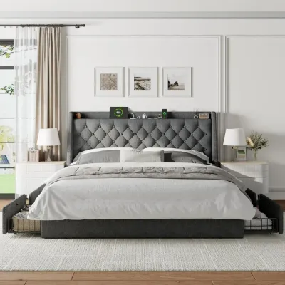  Bed Frame with 4 Storage Drawers, Storage Bed with Charging Station, Tufted Wingback Storage Headboard, dark grey  Queen-150x200