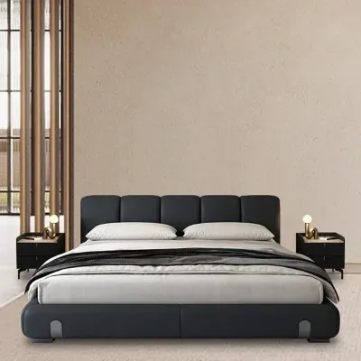 Italian minimalist modern leather Queen bed, black  Queen-150x200