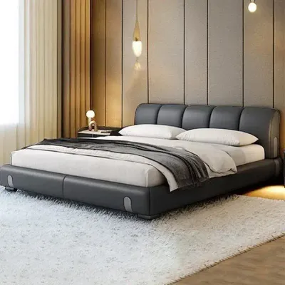 Italian minimalist modern leather Queen bed, black  Queen-150x200