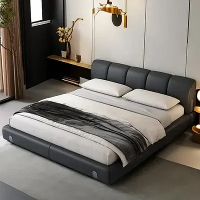 Italian minimalist modern leather Queen bed, black  Queen-150x200