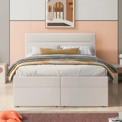 Platform Queen Bed with Storage Underneath, Easy to assemble for indoor bedroom,Beige  Queen-150x200