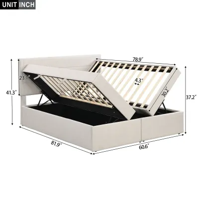 Platform Queen Bed with Storage Underneath, Easy to assemble for indoor bedroom,Beige  Queen-150x200