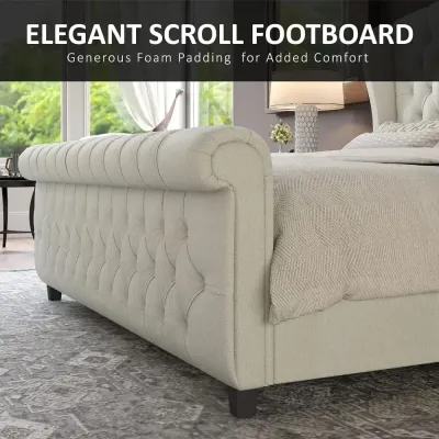 Sleigh Bed with Scroll Wingback Headboard & Footboard/Button Tufted Bed Frame Queen-150x200