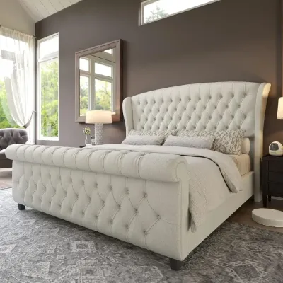 Sleigh Bed with Scroll Wingback Headboard & Footboard/Button Tufted Bed Frame Queen-150x200