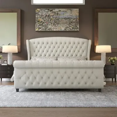 Sleigh Bed with Scroll Wingback Headboard & Footboard/Button Tufted Bed Frame Queen-150x200