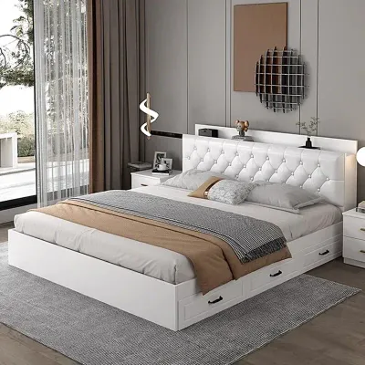  Modern Luxury Lounge Bedroom Queen Bed Storage Letto, white  Queen-150x200