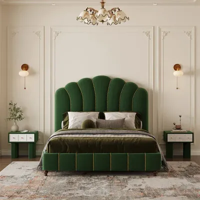 Luxury French Style Queen Bed Elegant  Velvet High Headboards Bed, Green Queen-150x200