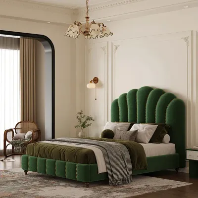 Luxury French Style Queen Bed Elegant  Velvet High Headboards Bed, Green Queen-150x200