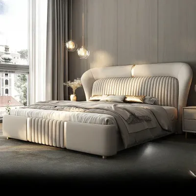 Luxury fabric Big  Bedroom Queen beds  Modern White Camas De Dormitories Furniture, Beige Color Queen-150x200