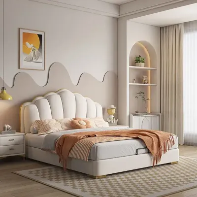 Waterproof Frame Queen Bed Princess  Large Wooden Luxury  Headboards Storage, Beige Queen-150x200