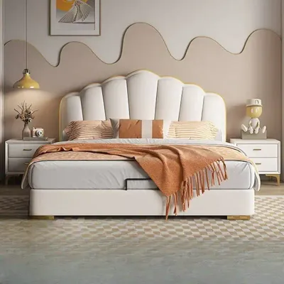 Waterproof Frame Queen Bed Princess  Large Wooden Luxury  Headboards Storage, Beige Queen-150x200