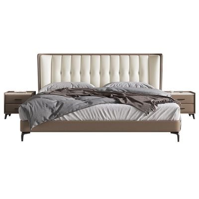 Aesthetic Queen Bed Italian Luxury Minimalist Leather, Creme & Brown Queen-150x200