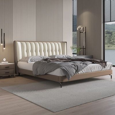 Aesthetic Queen Bed Italian Luxury Minimalist Leather, Creme & Brown Queen-150x200