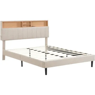 Queen  Modern platform bed frame Headboard with storage and USB ports, Brown  Queen-150x200