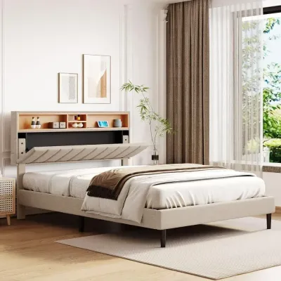 Queen  Modern platform bed frame Headboard with storage and USB ports, Brown  Queen-150x200