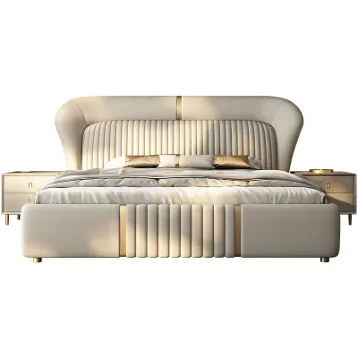 Luxury fabric Big Bedroom Queen beds Modern White Camas De Dormitories Furniture, Beige Color King-180x200