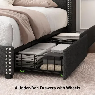 Queen platform bed frame with Solid wood slats & wingback shelf, Black  Super King-200x200