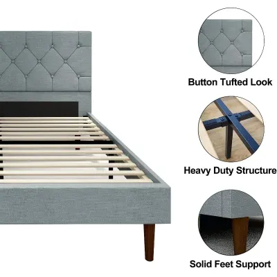 Queen bed frame Linen Headboard, Strong Frame and Wooden Slats Support, grey color  Super King-200x200