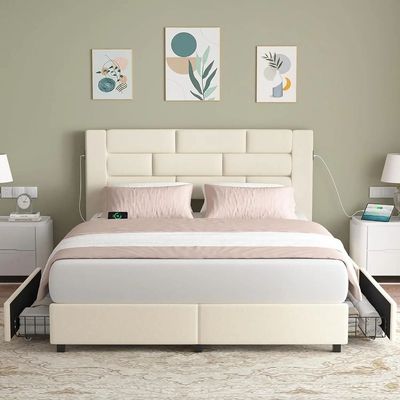  Bed Frame with 2 USB Charging Station Storage Drawers, Leather Platform Bed, Beige color  Super King-200x200