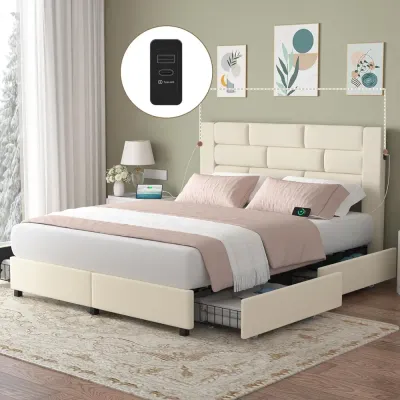  Bed Frame with 2 USB Charging Station Storage Drawers, Leather Platform Bed, Beige color  Super King-200x200