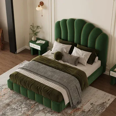 Luxury French Style Queen Bed Elegant  Velvet High Headboards Bed, Green Super King-200x200