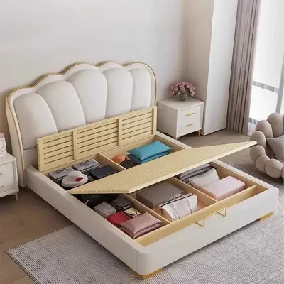 Super King Size  Bed White Luxury Frame Headboard Platform, Beige,  Super King-200x200