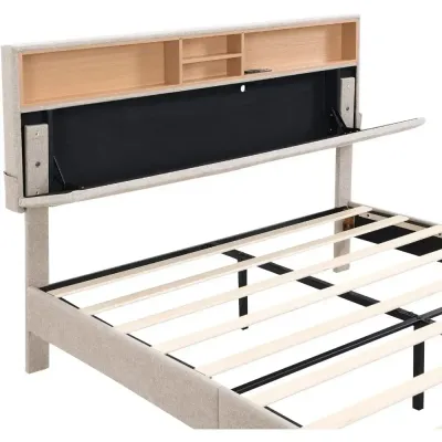 Super King  Modern platform bed frame Headboard with storage and USB ports, Brown  Super King-200x200