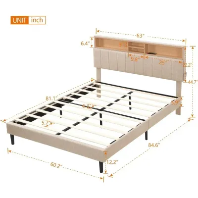 Queen  Modern platform bed frame Headboard with storage and USB ports, Brown  Super King-200x200