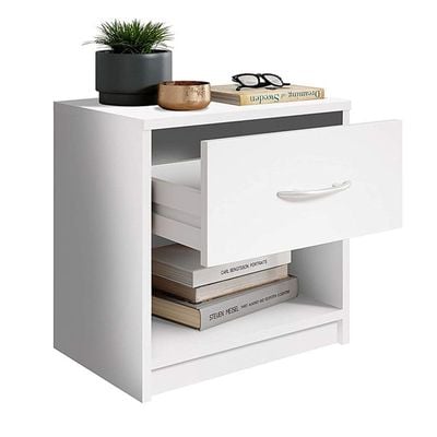 Modern White Nightstand with Drawer and Shelf Storage - Stylish and Compact Side Table