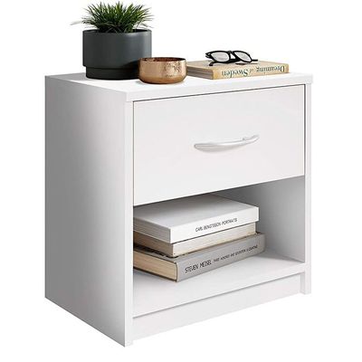 Modern White Nightstand with Drawer and Shelf Storage - Stylish and Compact Side Table