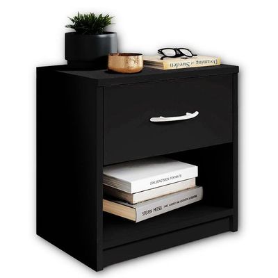 Modern Black Nightstand with Drawer and Shelf Storage - Stylish and Compact Side Table