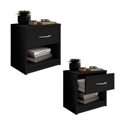 Modern Black Nightstand with Drawer and Shelf Storage - Stylish and Compact Side Table