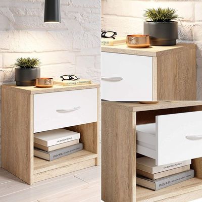 Modern White & yellow Nightstand with Drawer and Shelf Storage - Stylish and Compact Side Table