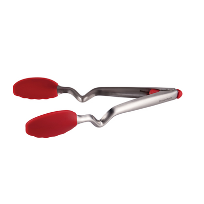 Dreamfarm Clongs 9-Inch Kitchen Tongs, Grippy Silicone and Stainless Steel, Click-Lock for Easy Open and Close, Non-Stick Safe, Heat Resistant, Red Cooking Tongs