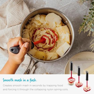 Dreamfarm Smood Lite One-Handed Nylon Spring Coil Vegetable and Potato Masher with Soft Grip and Bowl Scraper, Easy to Use, Durable, Ideal for Mashing and Mixing, Red