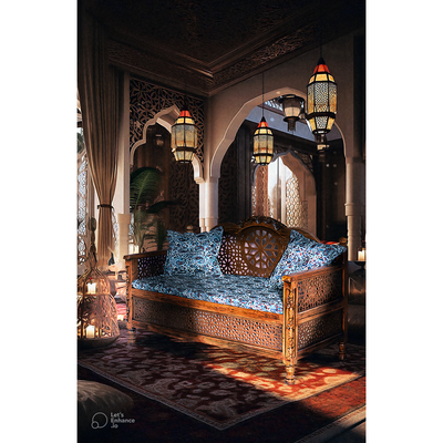 2 Seater Diwan Sofa – Traditional Wooden Arabic Sofa and Majlis Seating with Cushions and Majlis Mat, Ideal for Living Room, Patio, or Garden Furniture (Handmade Plantain Wood)