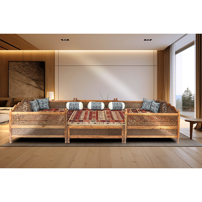 20-seater Arabic Sofa Majlis Set – Wooden Diwan Sofa Majlis Floor Sofa with Cushions, Carpet – Arabic Majlis Sofa Set, Traditional Divan Furniture for Living Room & Outdoor