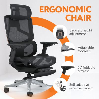Executive Computer Office Chair - Advanced Ergonomics, High-Back, Breathable Mesh - Adjustable Lumbar Support, Footrest, Headrest, Seat Depth, Foldable Armrests - Aluminum Swivel Base (Black)