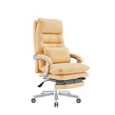 Skyland Ergonomic Leather Office Chair with Footrest, Reclining Executive Desk Chair, High Back Computer Chair with Lumbar Support and Aluminum Swivel Base (Beige)