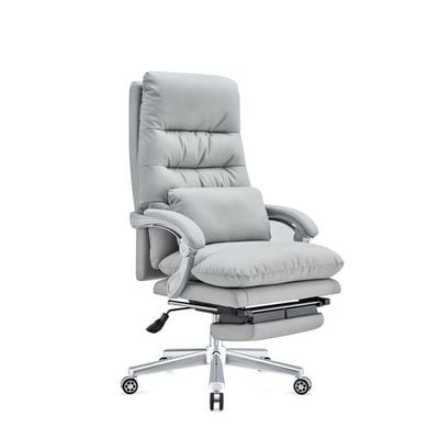 Skyland Ergonomic Leather Office Chair with Footrest, Reclining Executive Desk Chair, High Back Computer Chair with Lumbar Support and Aluminum Swivel Base (Grey)