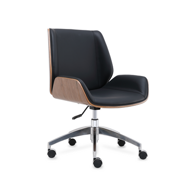 Skyland Premium Design Leather Office Chair – Ergonomic Mid-Back Desk Chair with Natural Wood Case, Comfortable Cushioned Seat, PU Leather Upholstery, Swivel Aluminum Base and Smooth Rolling Casters