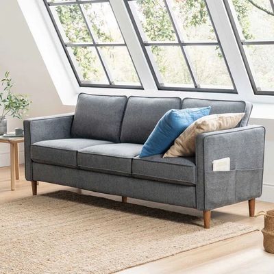Hana Square Arm Fabric Upholstered Grey 3 Seater Sofa L75 xW190 xH75 - 1 Year Warranty