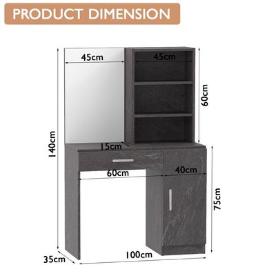 Mahmayi Modern Dresser With Vanity Mirror and Open Shelves, Elegant Dressing Table with Storage Drawer and Ample Leg Room, Perfect for Home Decor - Anthracite Metal Fabric