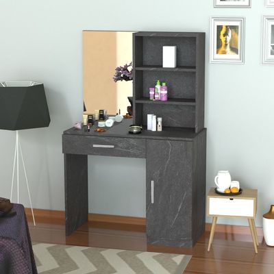 Mahmayi Modern Dresser With Vanity Mirror and Open Shelves, Elegant Dressing Table with Storage Drawer and Ample Leg Room, Perfect for Home Decor - Anthracite Metal Fabric
